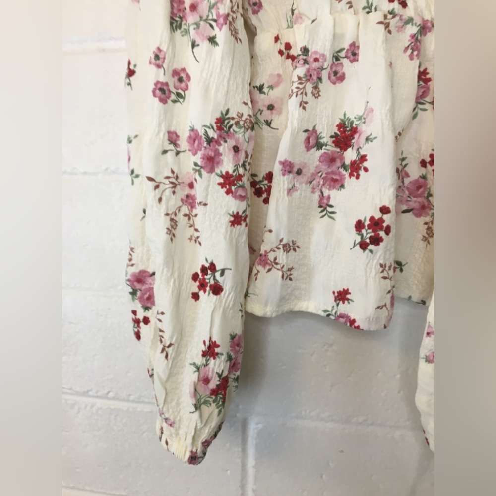 Floral Tie-Front Blouse - Cream and Pink - Picture 9 of 16